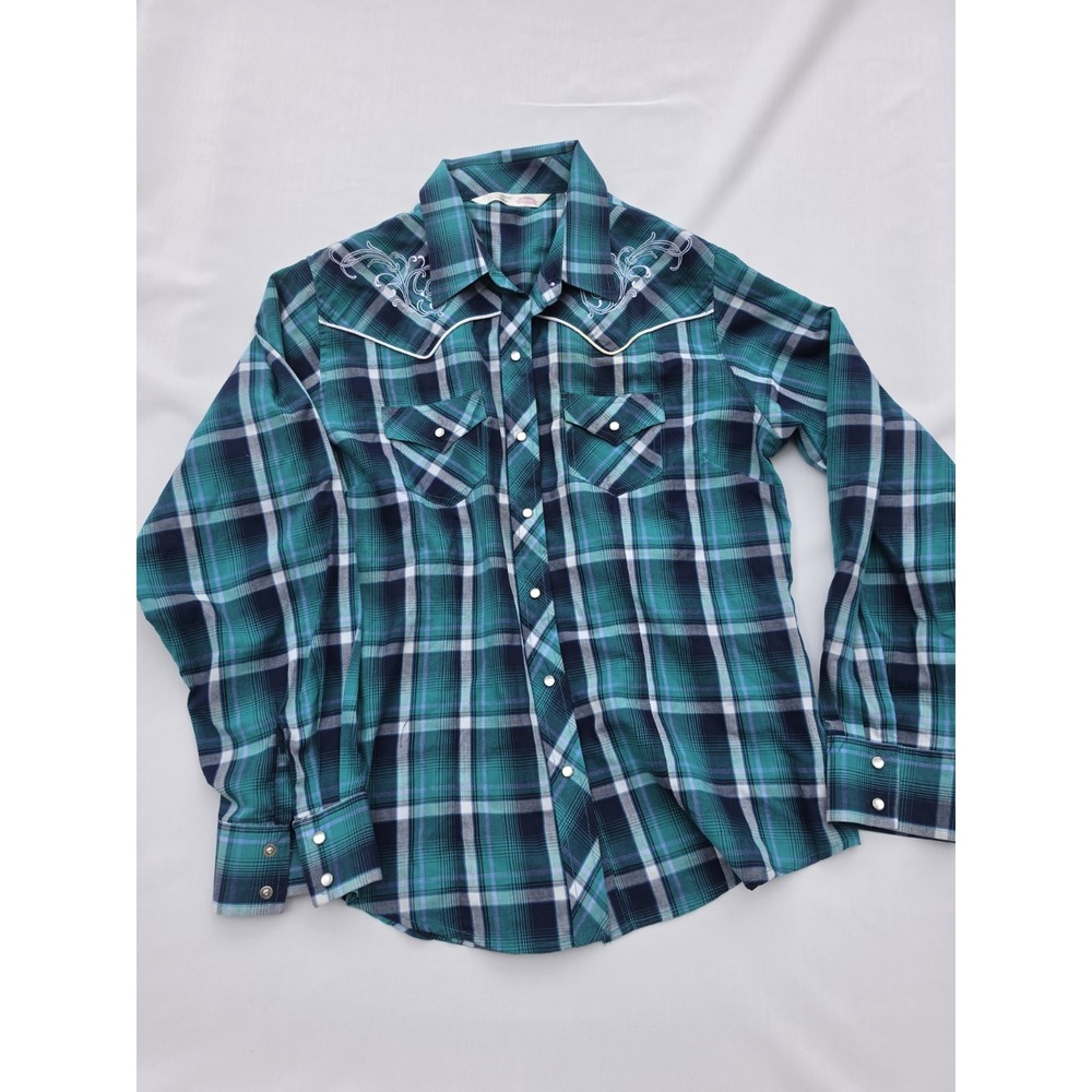 Western Cowgirl Plaid Pearl Snap Shirt Women L Embroidered Rodeo Y2K Teal Blue